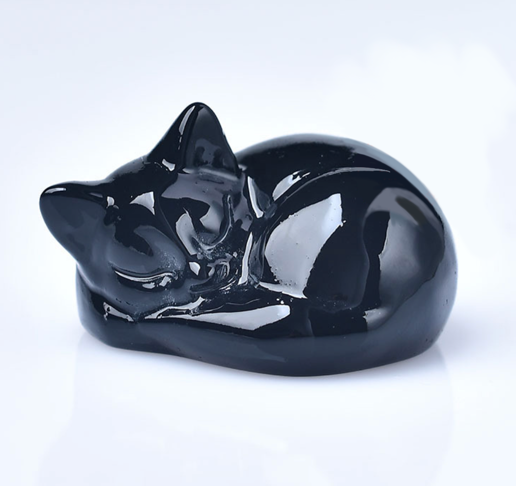 Natural Black Obsidian Sleeping Cat – Protective Healing Crystal Figurine