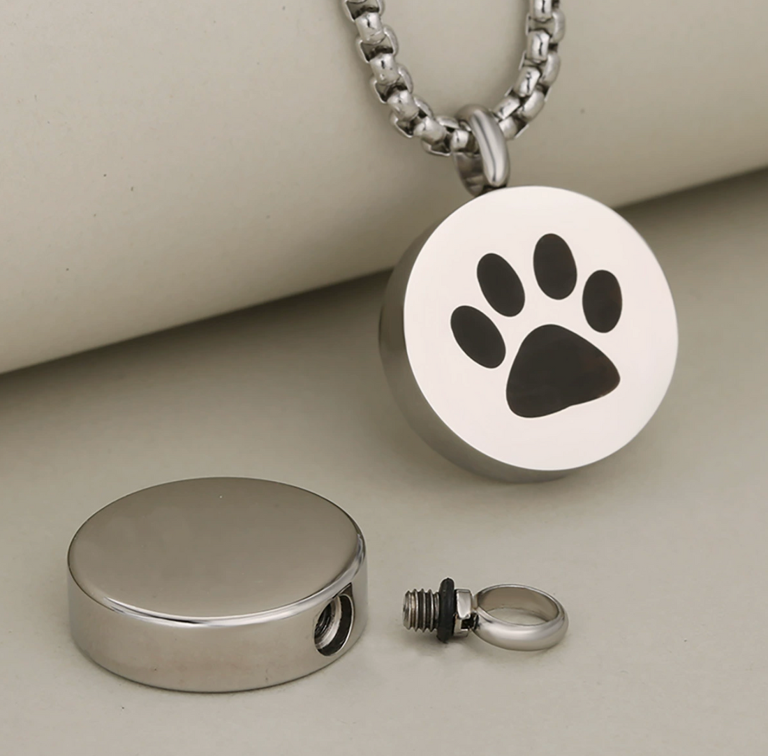 Round Paw Print Memorial Urn Pendant – Openable Pet Ashes Locket