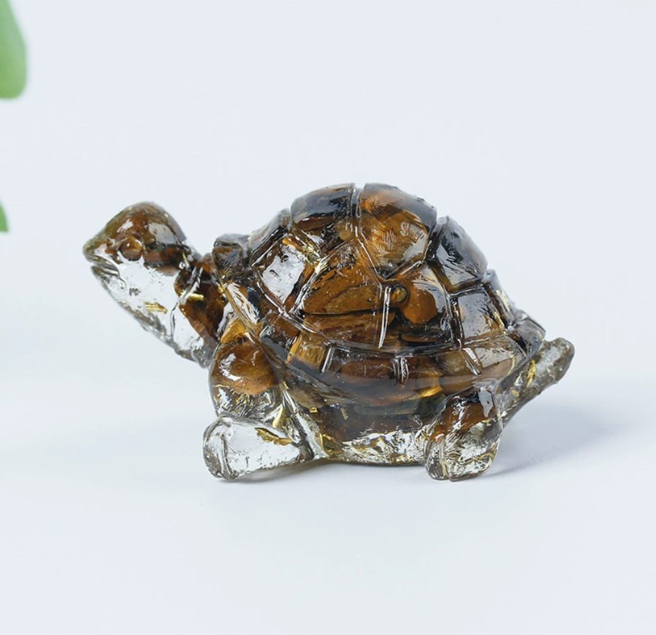 Natural Tiger's Eye Healing Turtle with Gold Foil – Protection & Strength Crystal Figurine for Home, Office & Car Decor