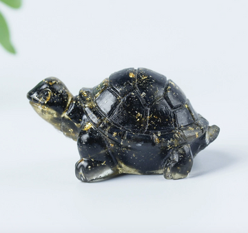 Natural Black Obsidian Healing Turtle with Gold Foil – Protective Crystal Figurine for Home, Office & Car Decor